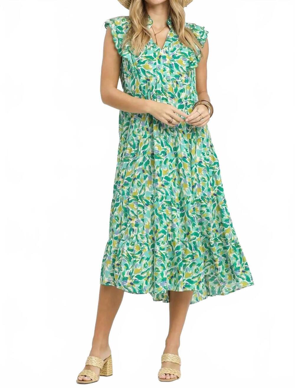 NEW UMGEE leaf print midi dress in green